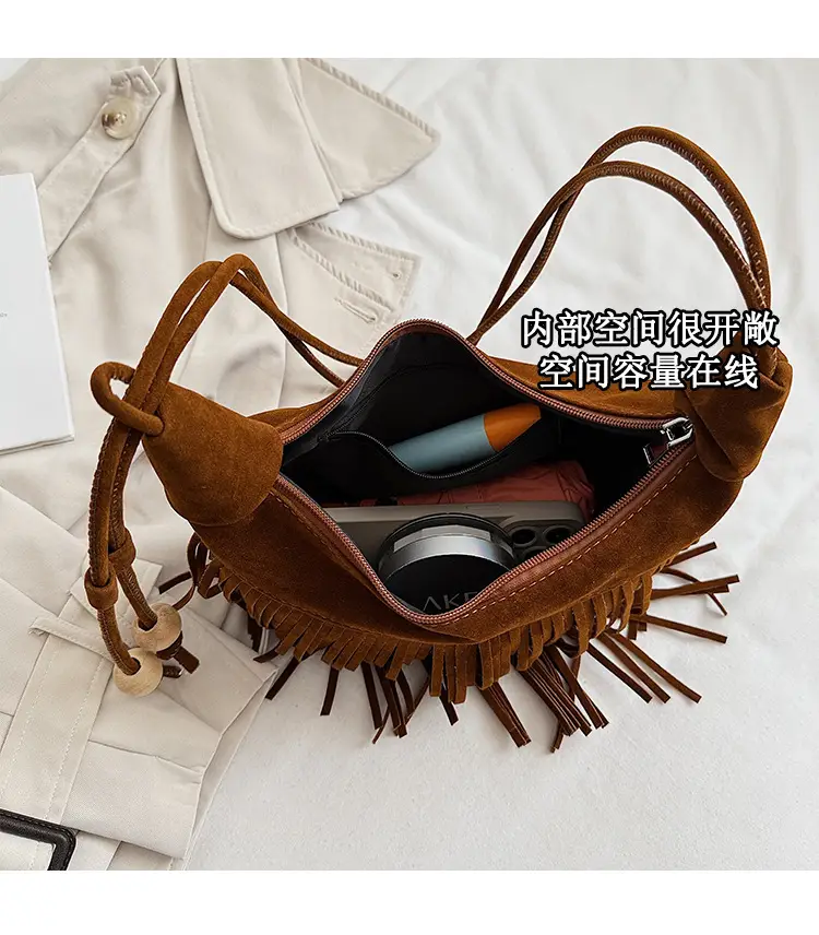 Retro Suede Underarm Bag Women Tan Fringe Shoulder — feature 6