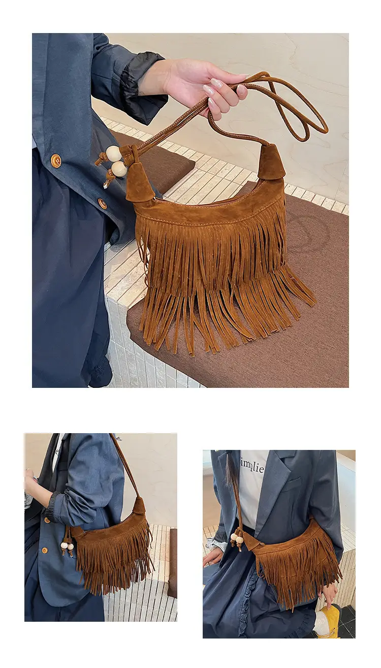 Retro Suede Underarm Bag Women Tan Fringe Shoulder — feature 8