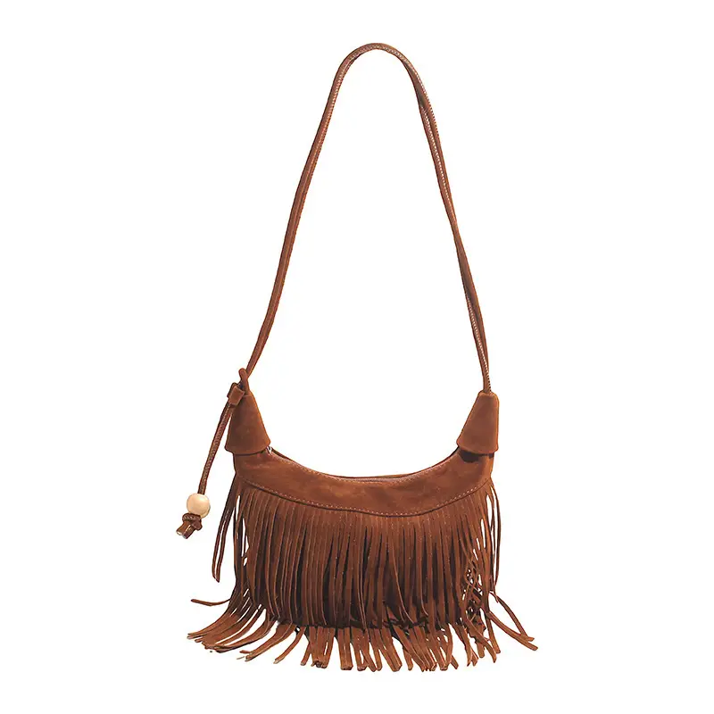 Retro Suede Underarm Bag Women Tan Fringe Shoulder - Image 2