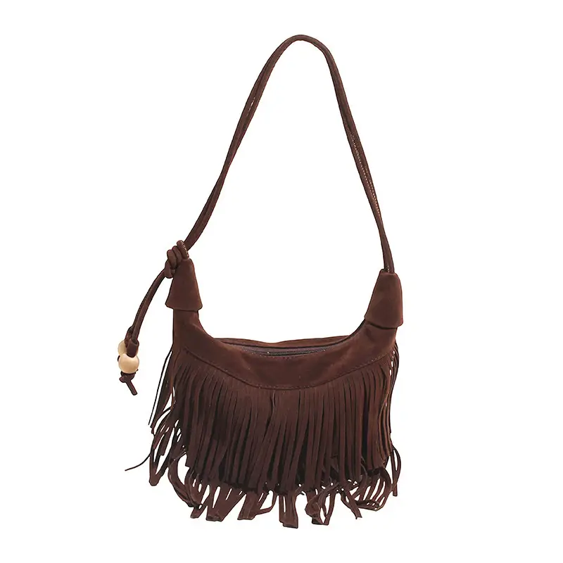 Retro Suede Underarm Bag Women Tan Fringe Shoulder - Image 3