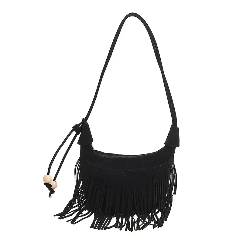 Retro Suede Underarm Bag Women Tan Fringe Shoulder - Image 4