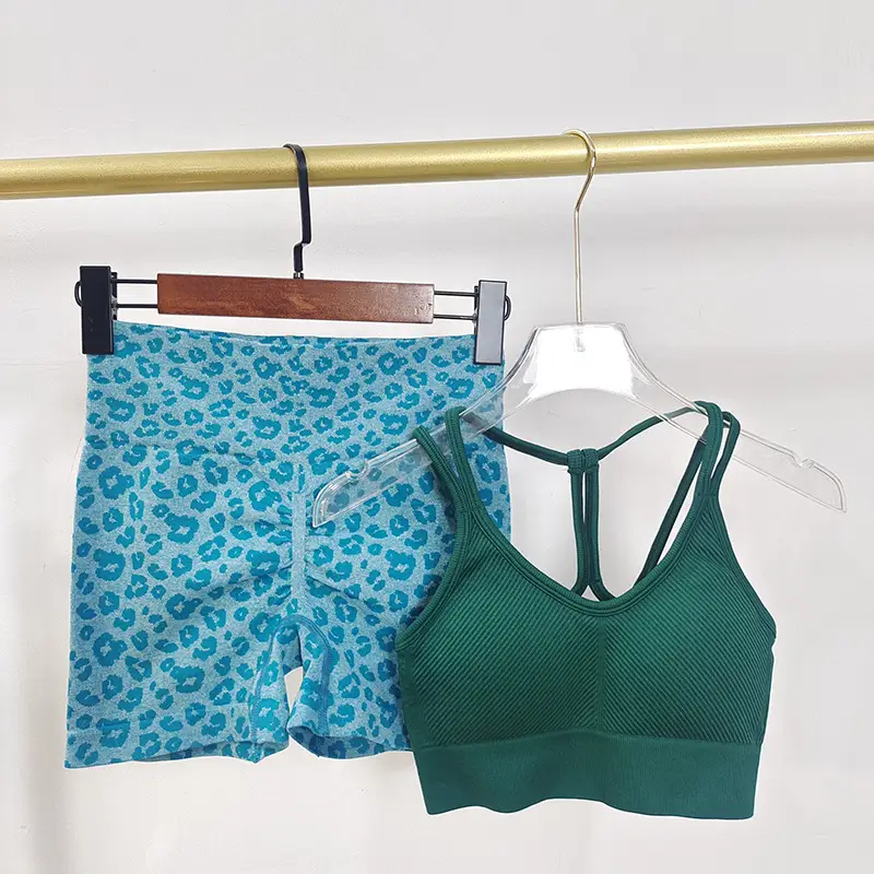 Sexy Hot Girl Fitness Suit Women's Leopard Print Sports Shorts High Waist Hip Training Beautiful Back Two-Piece Sportswear