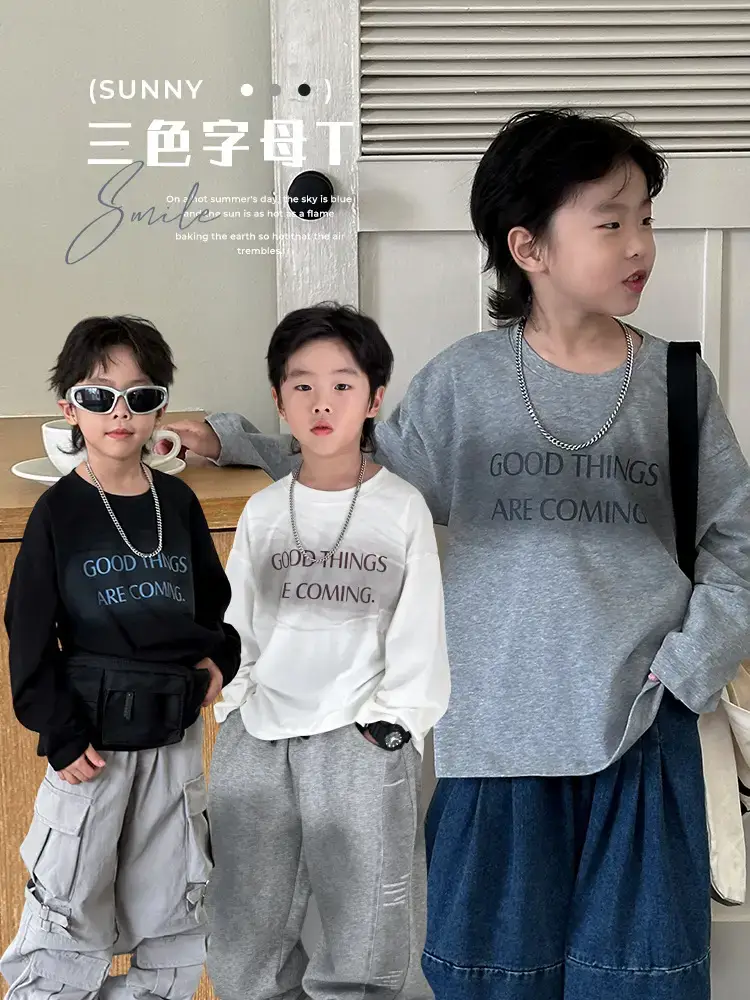 Boys T-Shirt White Cotton Loose Long Sleeve Kids Casual Top