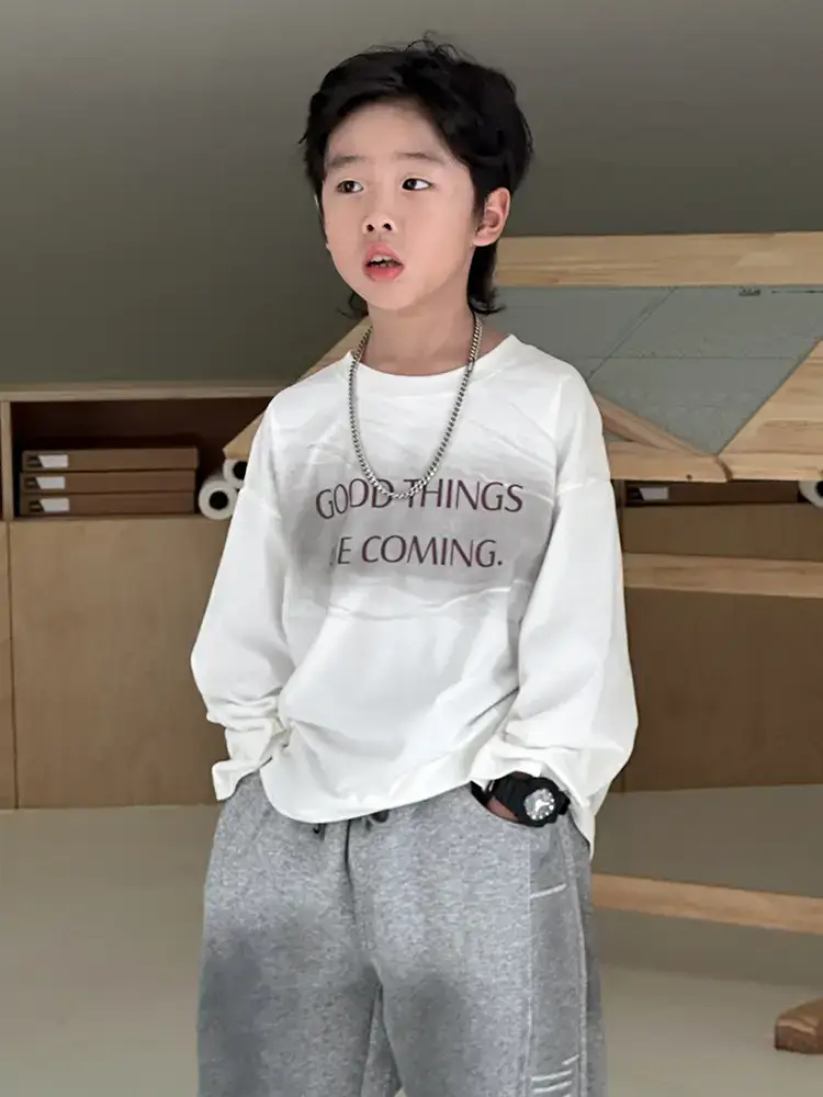 Boys T-Shirt White Cotton Loose Long Sleeve Kids Casual Top