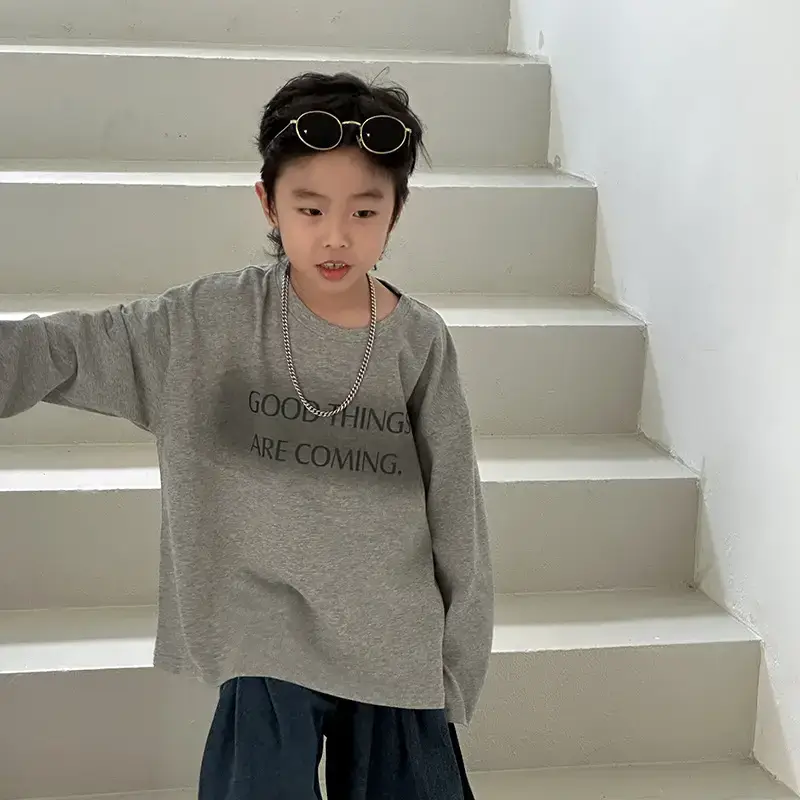 Boys T-Shirt White Cotton Loose Long Sleeve Kids Casual Top