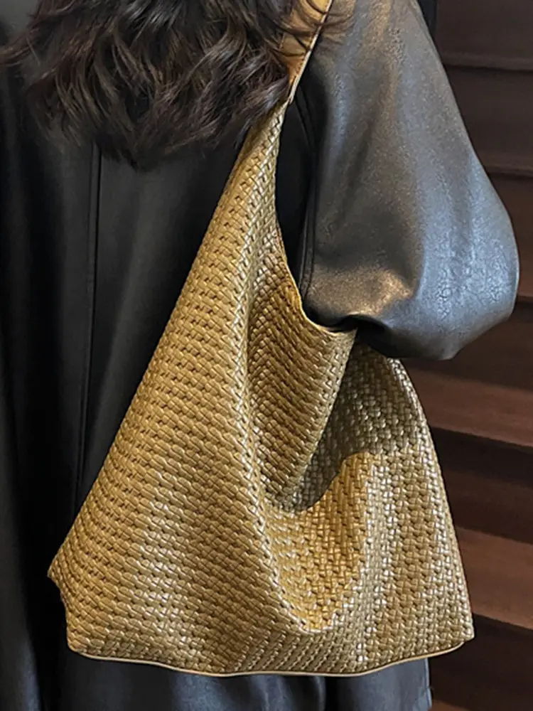Women Woven Bag Tan Large Capacity Shoulder Bag - Image 10