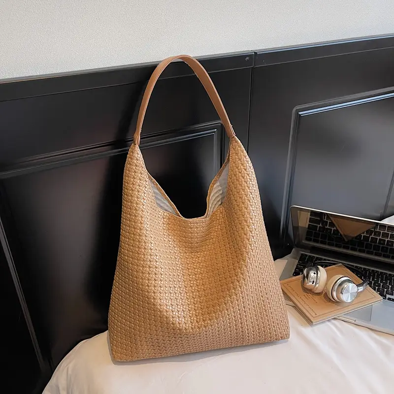 Women Woven Bag Tan Large Capacity Shoulder Bag - Image 4