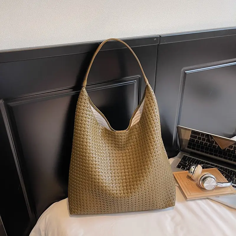 Women Woven Bag Tan Large Capacity Shoulder Bag - Image 5