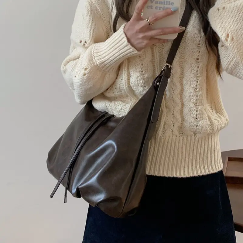Retro Brown Shoulder Bag for Women Lazy Fashion Korean Style - Image 5