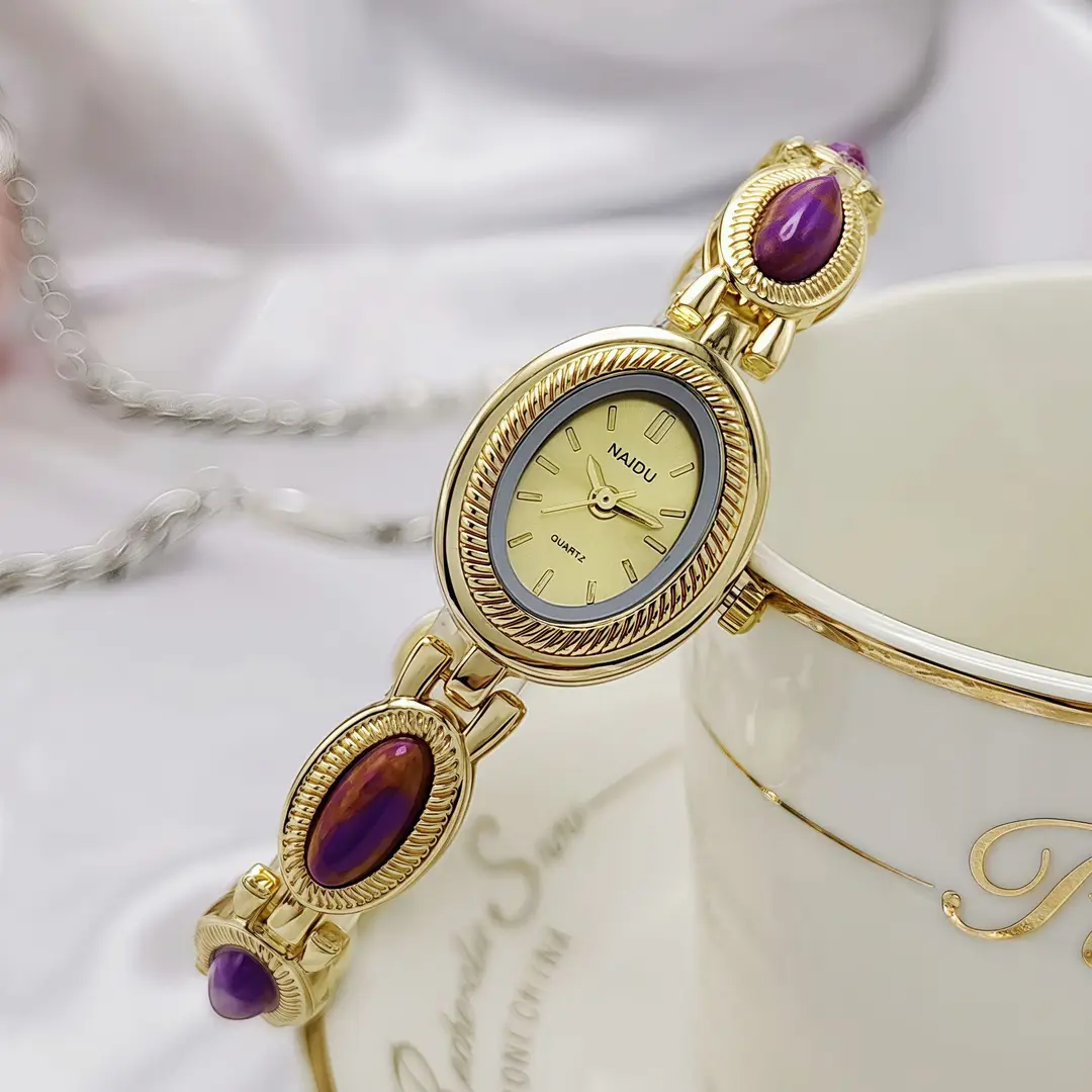 New Colorful Stone Women's Bracelet Watch Korean Version Oval Women's Watch Student Versatile Niche Fashion Gold High-End Sense