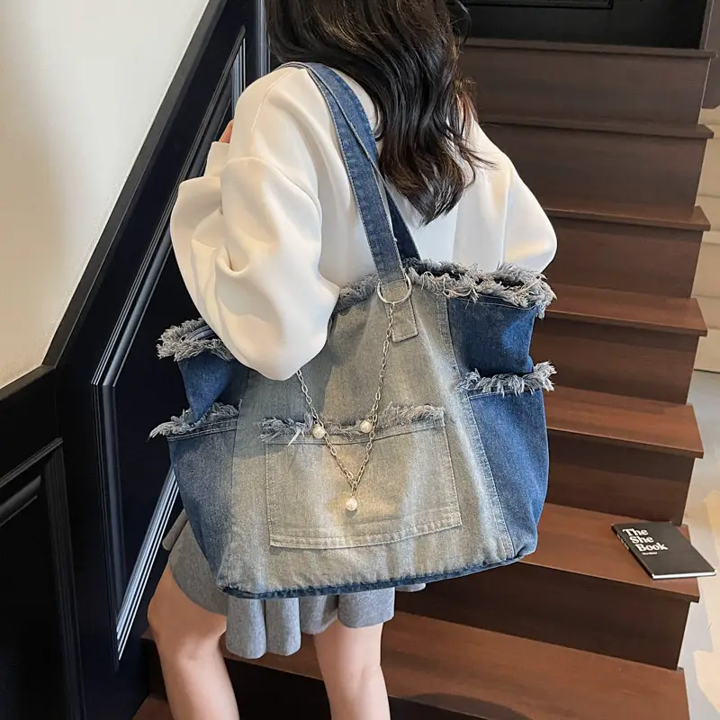 Women Denim Shoulder Bag with Pearl Accents - Image 4