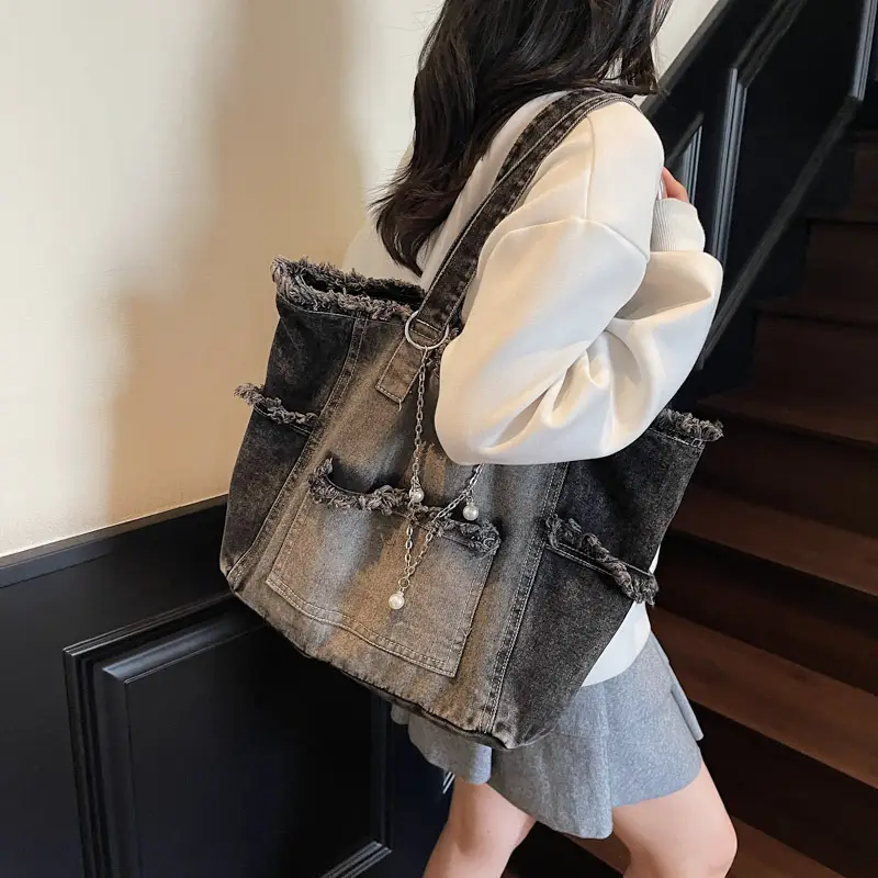 Women Denim Shoulder Bag with Pearl Accents - Image 5