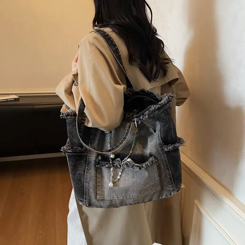 Women Denim Shoulder Bag with Pearl Accents - Image 6
