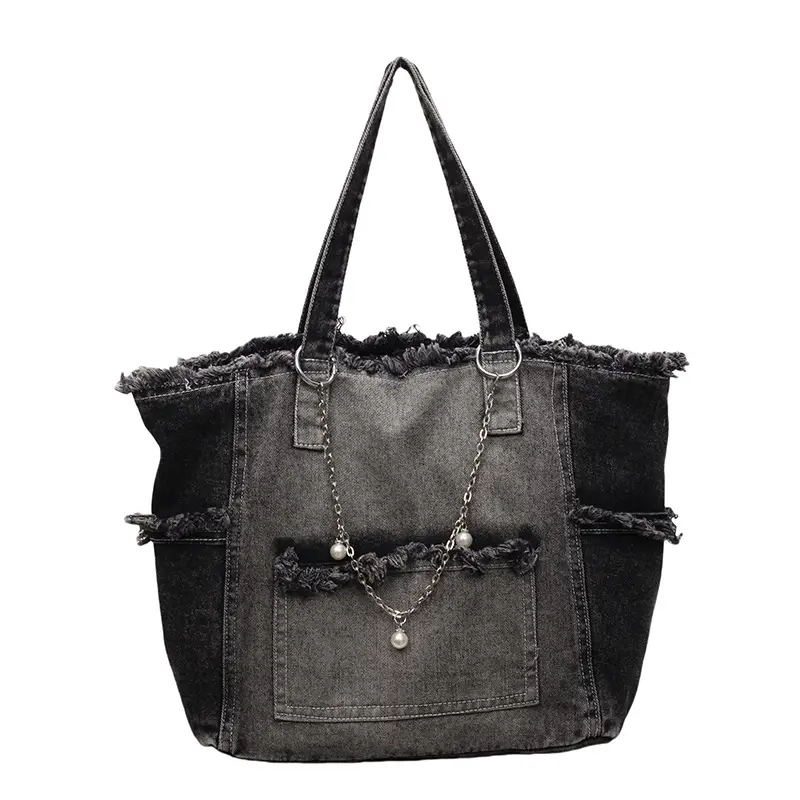 Women Denim Shoulder Bag with Pearl Accents - Image 7