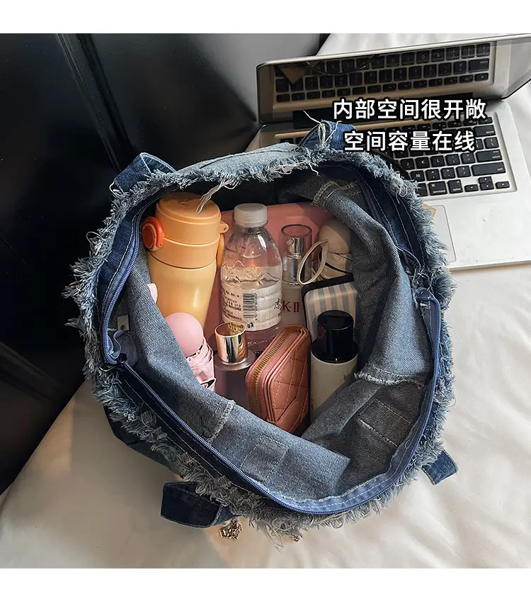 Women Denim Shoulder Bag with Pearl Accents — feature 10