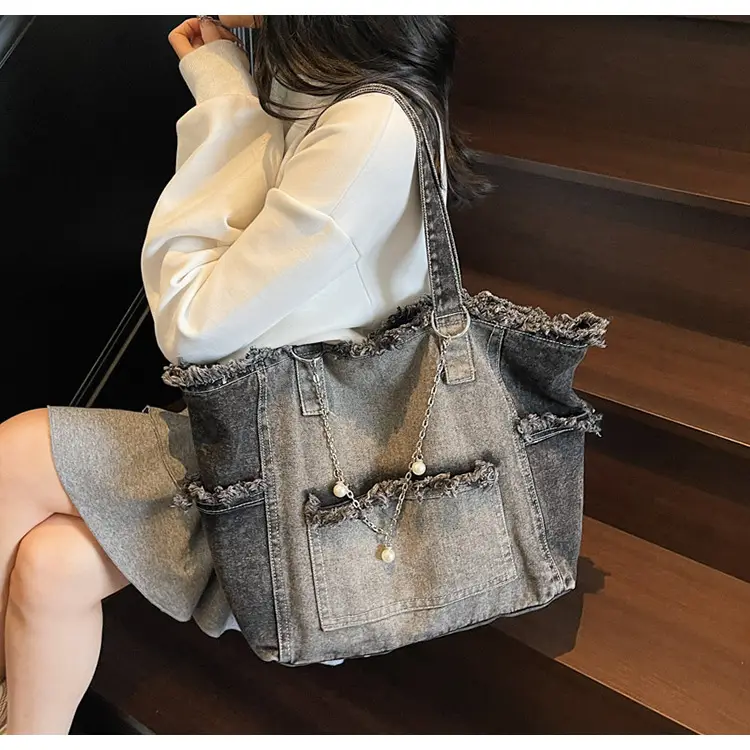 Women Denim Shoulder Bag with Pearl Accents — feature 11