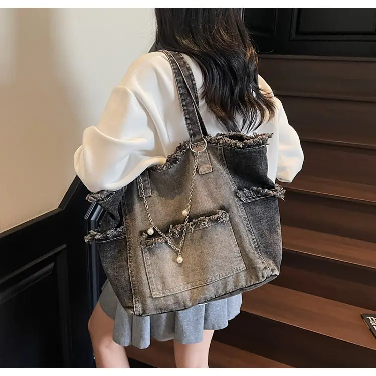 Women Denim Shoulder Bag with Pearl Accents — feature 12