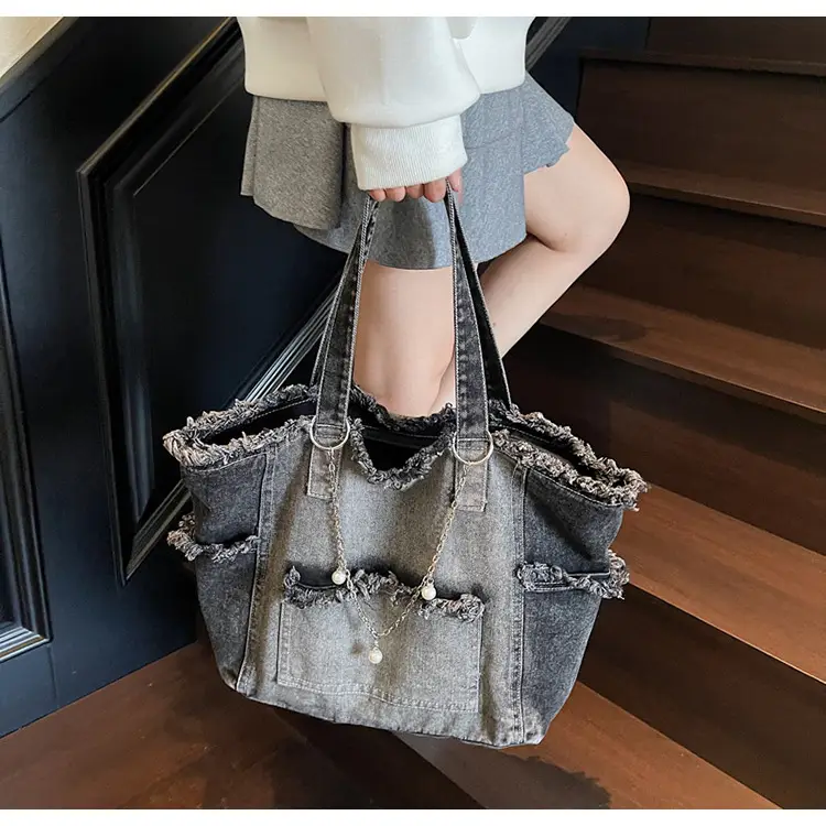 Women Denim Shoulder Bag with Pearl Accents — feature 13
