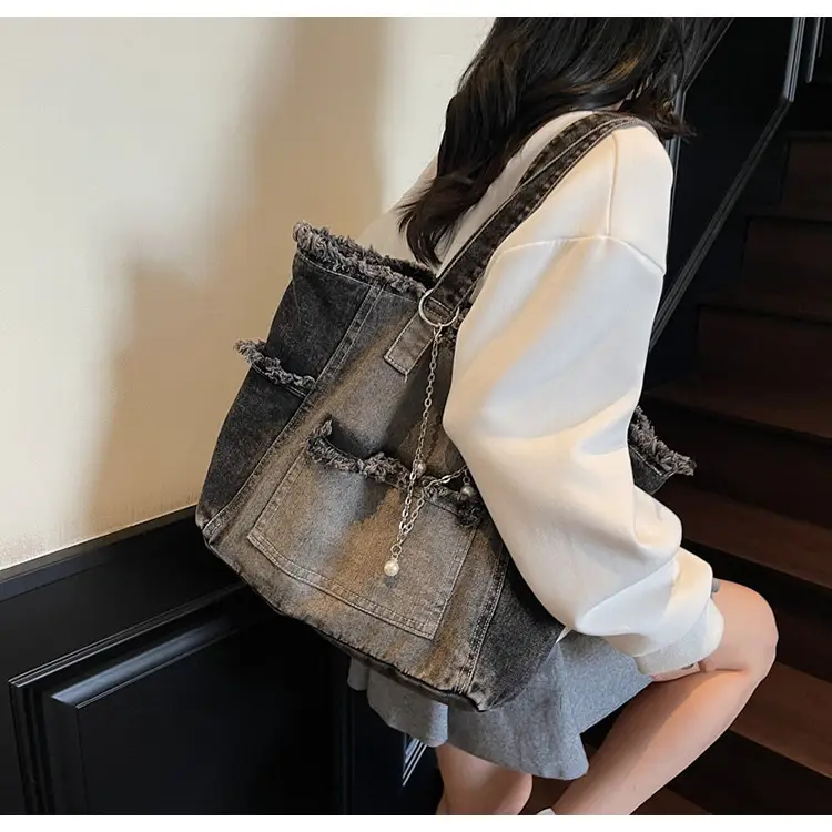 Women Denim Shoulder Bag with Pearl Accents — feature 14