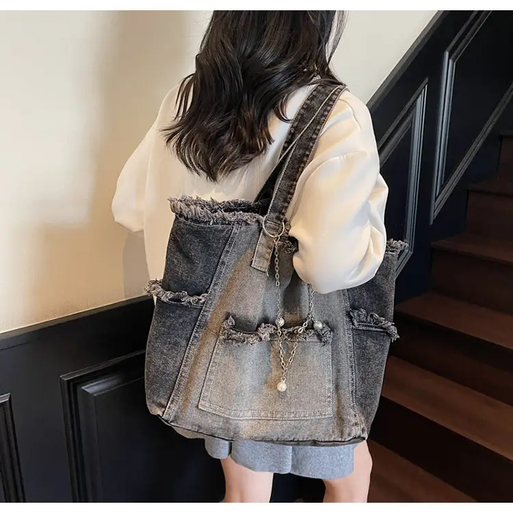Women Denim Shoulder Bag with Pearl Accents — feature 15