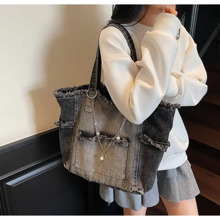 Women Denim Shoulder Bag with Pearl Accents — feature 16