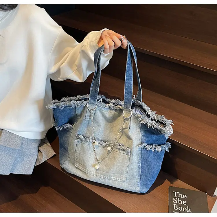Women Denim Shoulder Bag with Pearl Accents — feature 17
