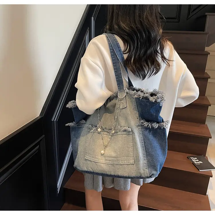 Women Denim Shoulder Bag with Pearl Accents — feature 18
