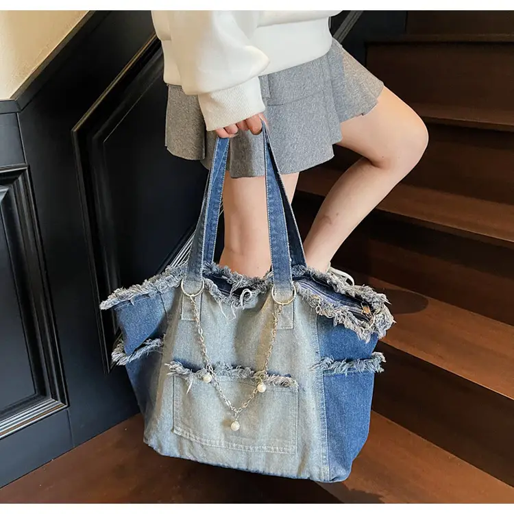 Women Denim Shoulder Bag with Pearl Accents — feature 19