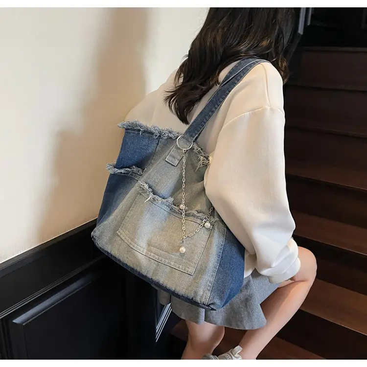 Women Denim Shoulder Bag with Pearl Accents — feature 20