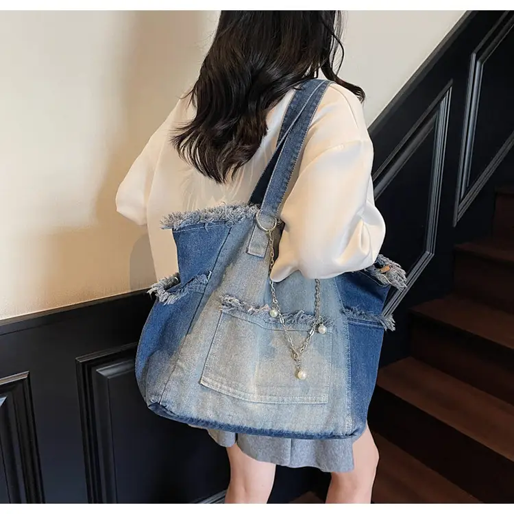 Women Denim Shoulder Bag with Pearl Accents — feature 21