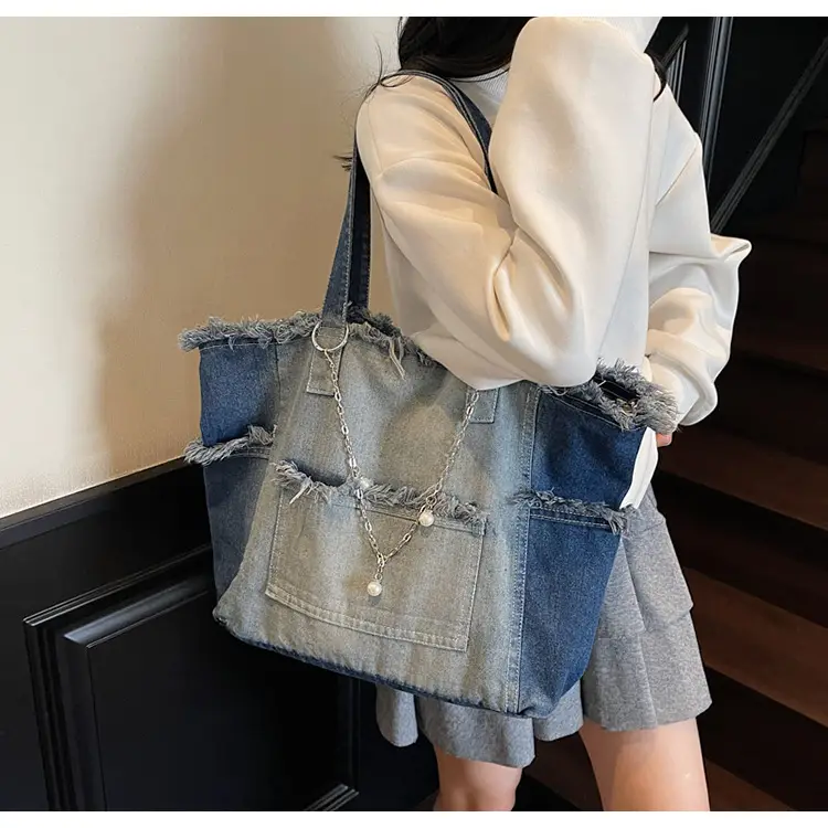 Women Denim Shoulder Bag with Pearl Accents — feature 22