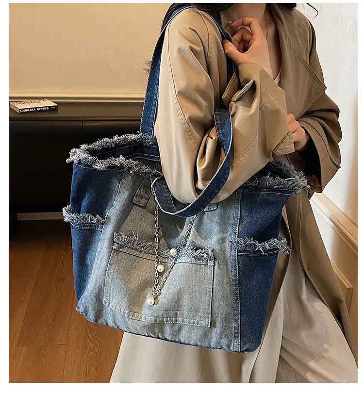 Women Denim Shoulder Bag with Pearl Accents — feature 3