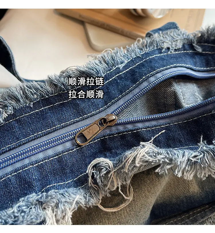 Women Denim Shoulder Bag with Pearl Accents — feature 7