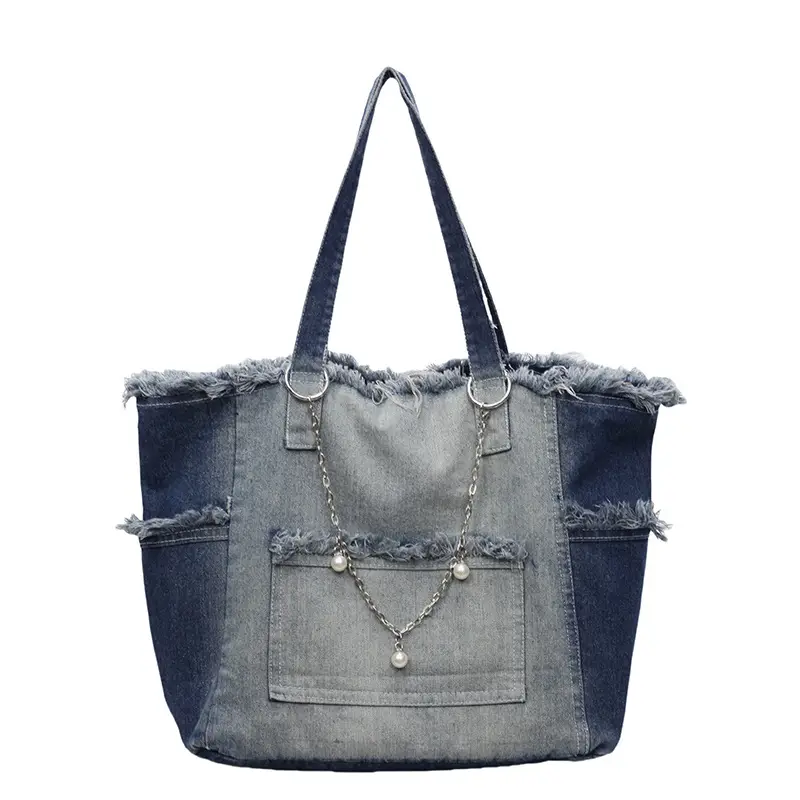 Women Denim Shoulder Bag with Pearl Accents