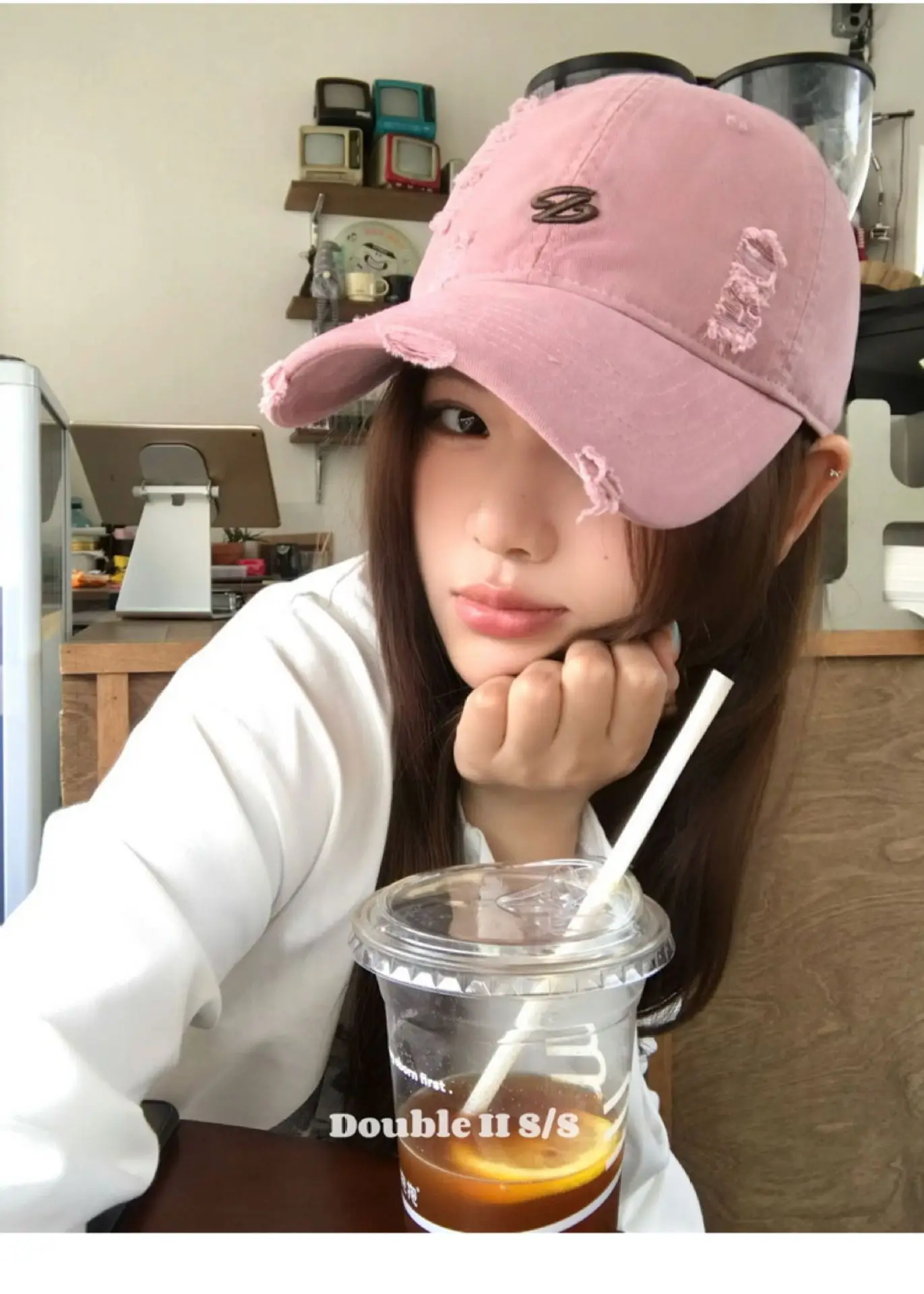 Women Pink Distressed Cap Summer Visor with Embroidery — feature 3