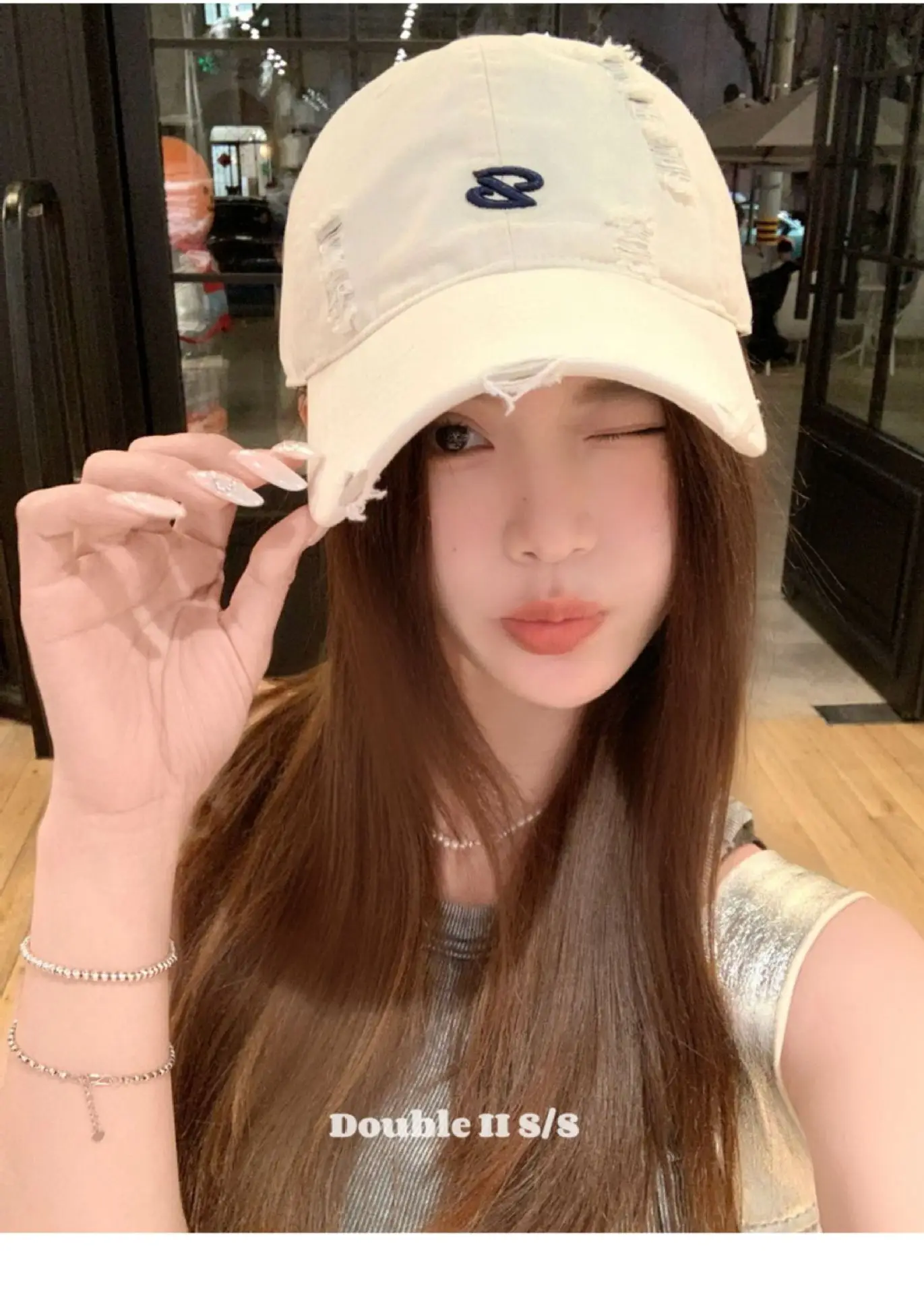 Women Pink Distressed Cap Summer Visor with Embroidery — feature 6