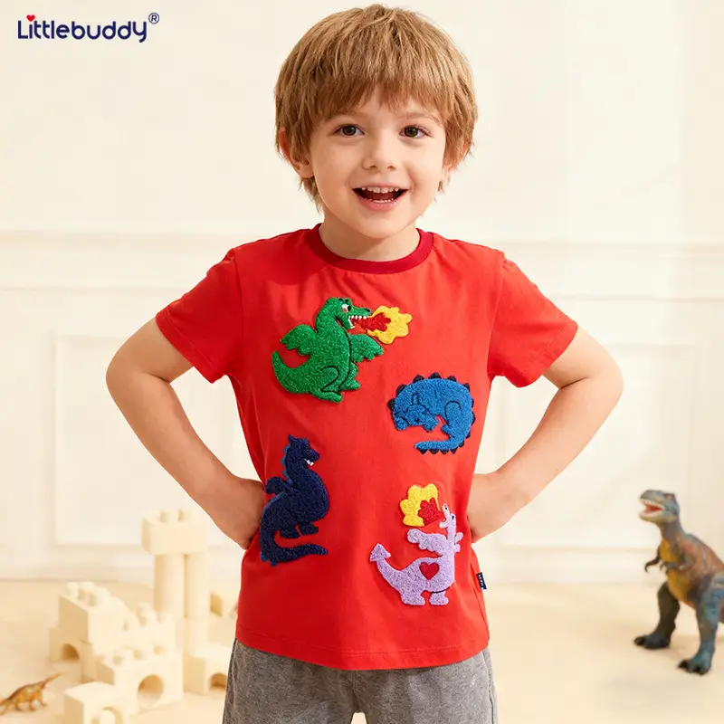 Kids Cartoon Embroidered T-Shirt Red Short Sleeve - Image 2
