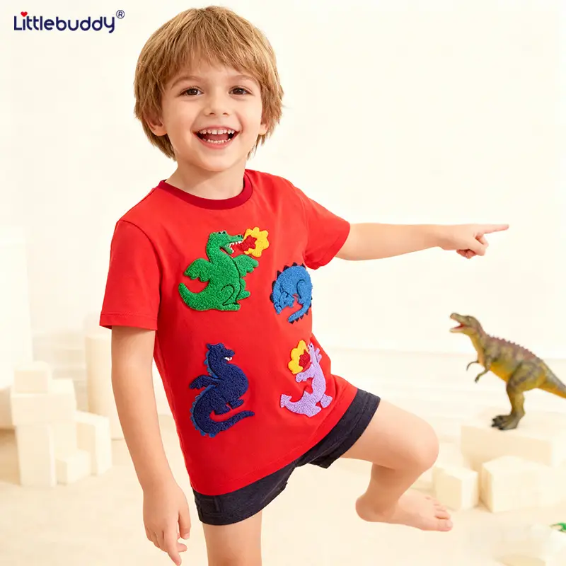 Kids Cartoon Embroidered T-Shirt Red Short Sleeve - Image 3