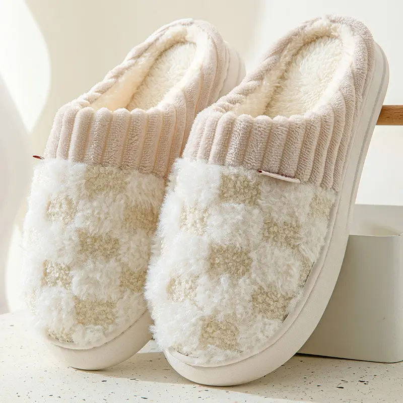 Women's Green Plaid Fleece Slippers Winter Warm - Image 6