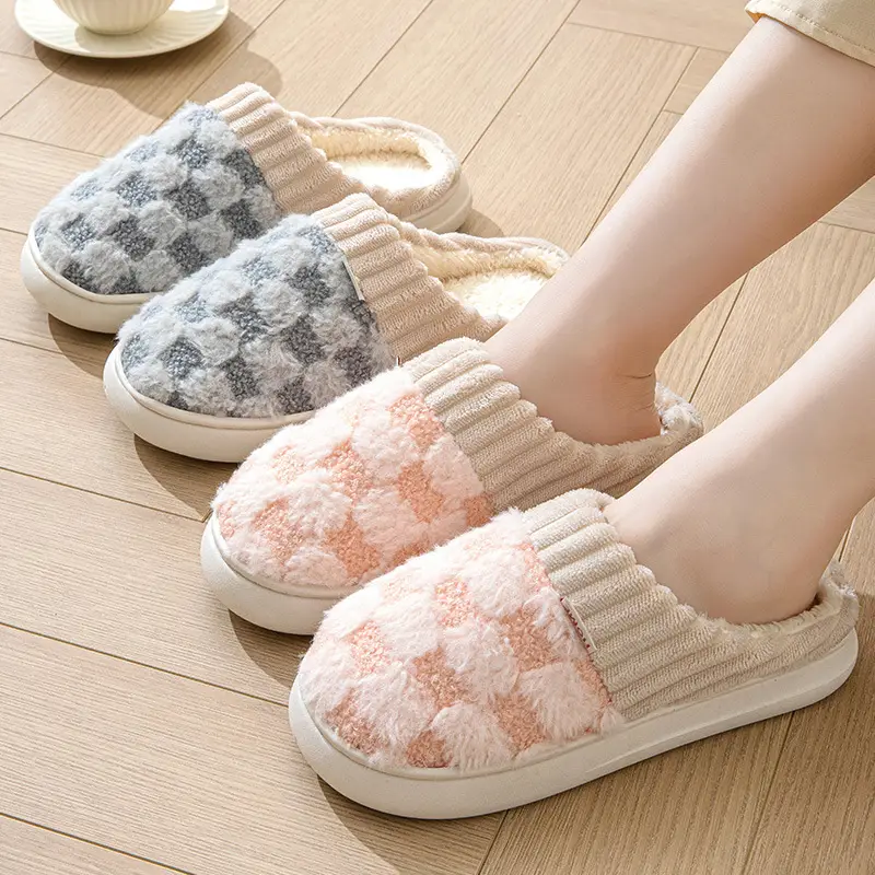 Women's Green Plaid Fleece Slippers Winter Warm - Image 7