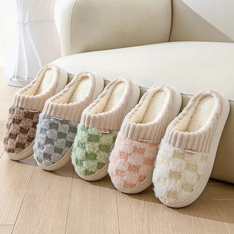 Women's Green Plaid Fleece Slippers Winter Warm - Image 8