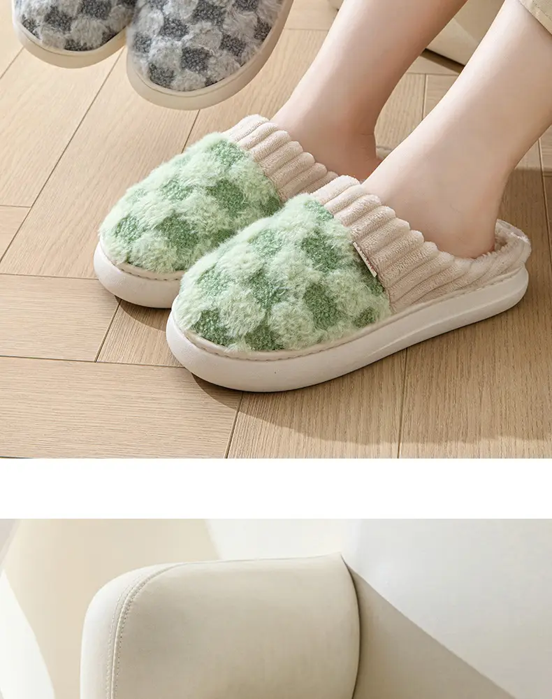 Women's Green Plaid Fleece Slippers Winter Warm — feature 14