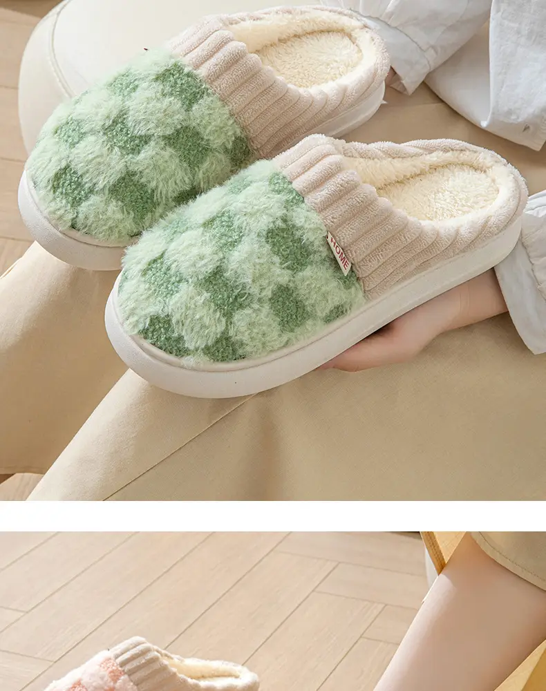 Women's Green Plaid Fleece Slippers Winter Warm — feature 16
