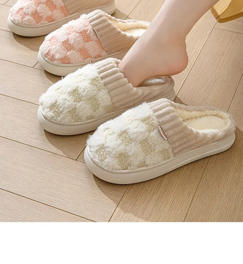 Women's Green Plaid Fleece Slippers Winter Warm — feature 17