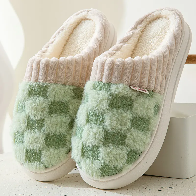 Women's Green Plaid Fleece Slippers Winter Warm - Image 2