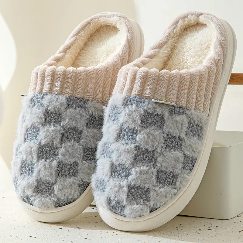 Women's Green Plaid Fleece Slippers Winter Warm - Image 4