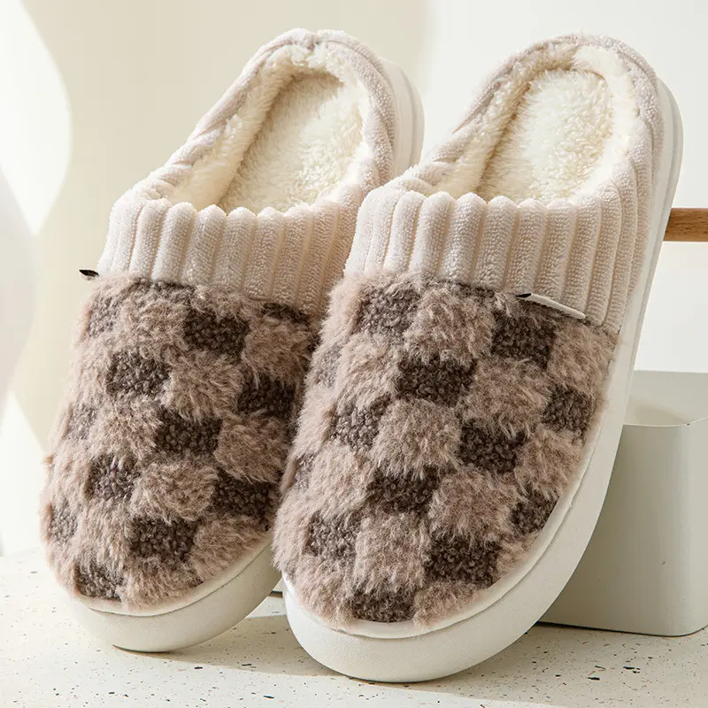 Women's Green Plaid Fleece Slippers Winter Warm - Image 5