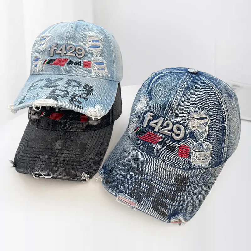 Women Washed Denim Baseball Cap with F120X Embroidery - Image 6