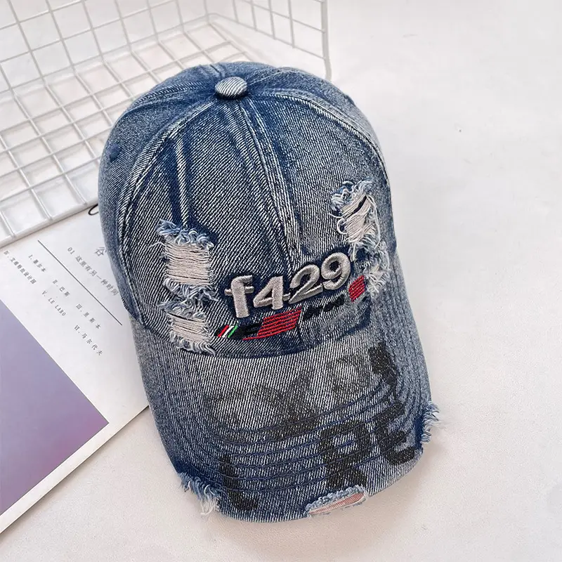 Women Washed Denim Baseball Cap with F120X Embroidery — feature 26