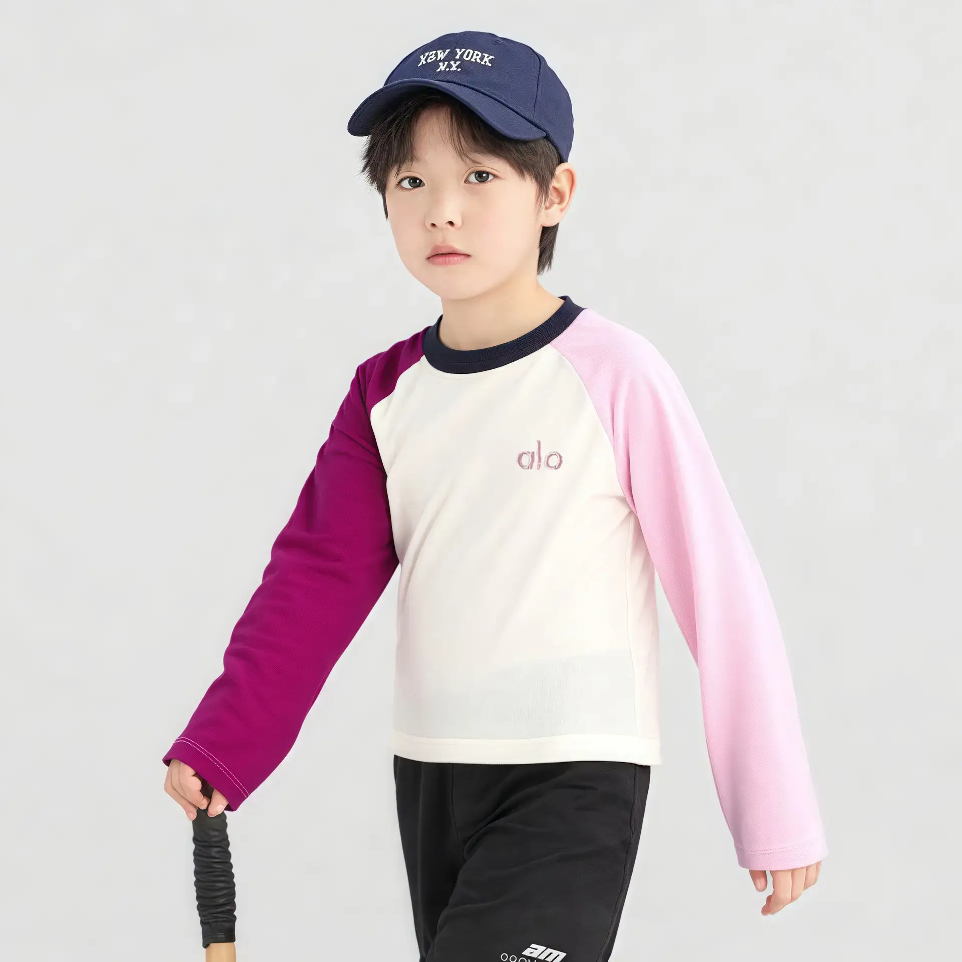 Boy's Pink & White Long Sleeve T-Shirt with Korean Style Cap - Image 2